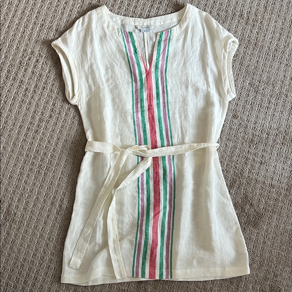 Boden White Linen Tunic Dress with Pink & Green Center Stripe